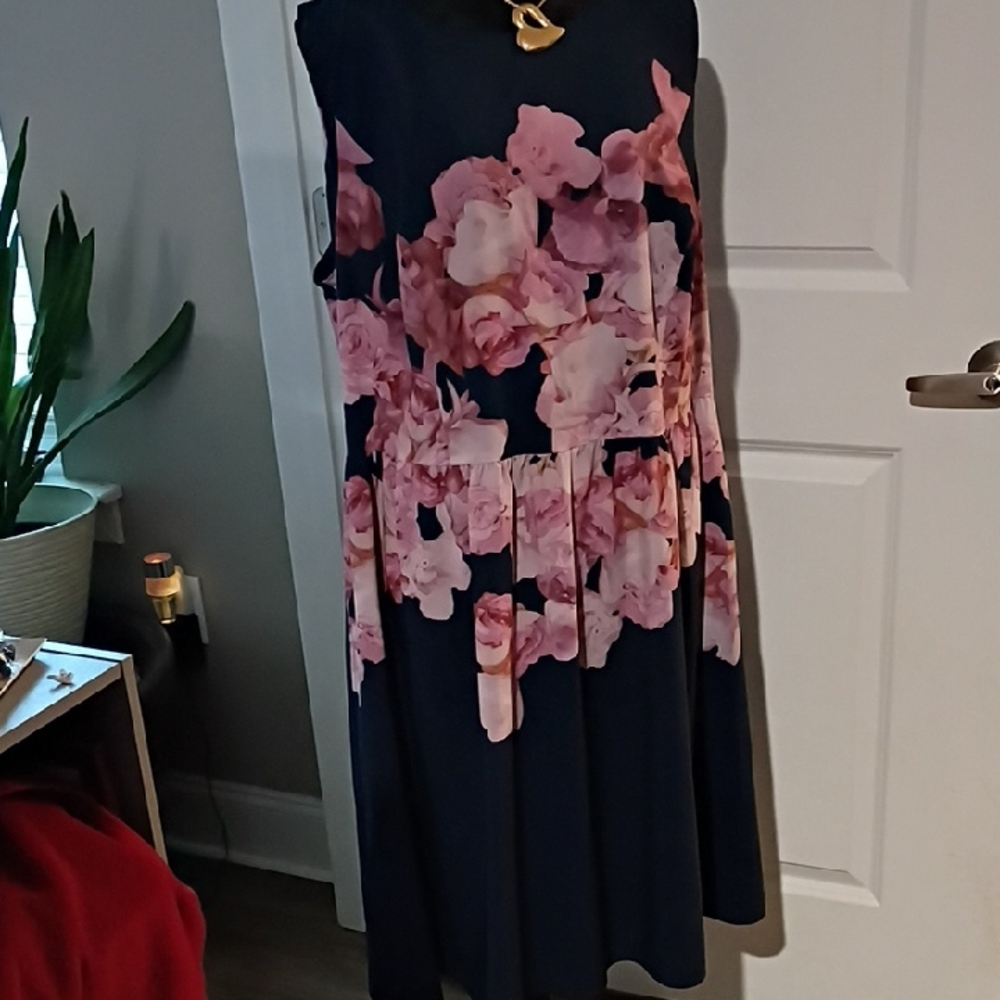 Adrianna Papell Navy and Pink Floral Midi Dress